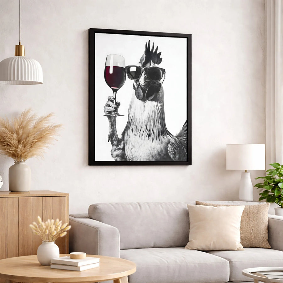 Cool Rooster Canvas Wall Art | Funny Chicken Drinking Wine Portrait | Premium Gallery Wrap Print | Whimsical Kitchen & Bar Decor