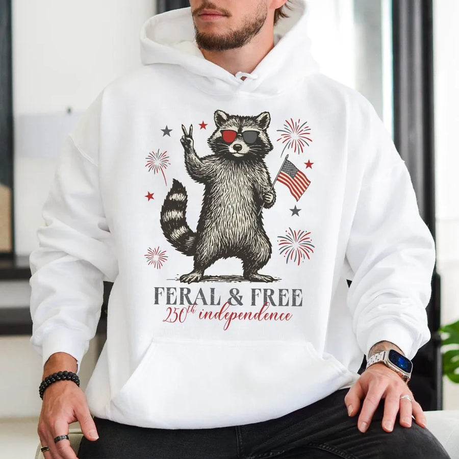 Patriotic Raccoon Hoodie | Feral and Free 250th Independence Day Graphic | Premium Cotton Tee | Funny Fourth of July Gift for Men & Women