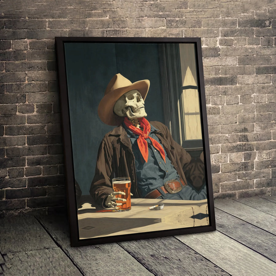 Skeleton Cowboy Canvas Wall Art | Vintage Western Saloon Drinking Skull Poster | Premium 1.25" Framed Decor | Unique Gift for Bar or Man Cave