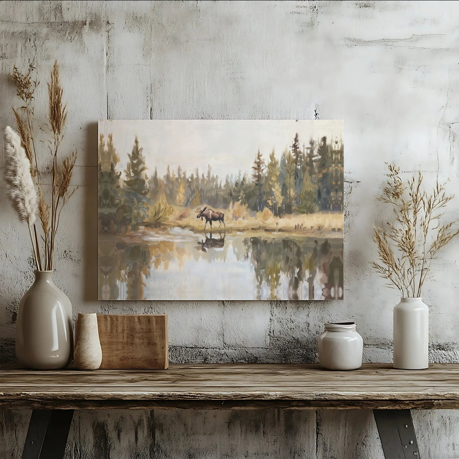 Moose Canvas Wall Art | Rustic Forest Scene with Lake Reflection | Premium Matte Canvas Print | Cabin Decor & Nature Lover Gift