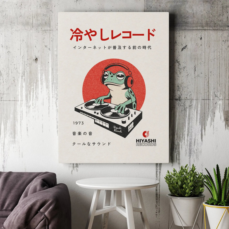 Japanese DJ Frog Wall Art | Retro Turntable Vinyl Record Print | Premium Gallery Wrapped Canvas | Aesthetic Music Room Decor Gift for Audiophiles