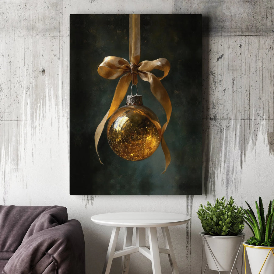 Gold Christmas Ornament Wall Art | Elegant Holiday Bauble Painting | Gallery Quality 1.25 Inch Thick Canvas | Sophisticated Seasonal Home Decor