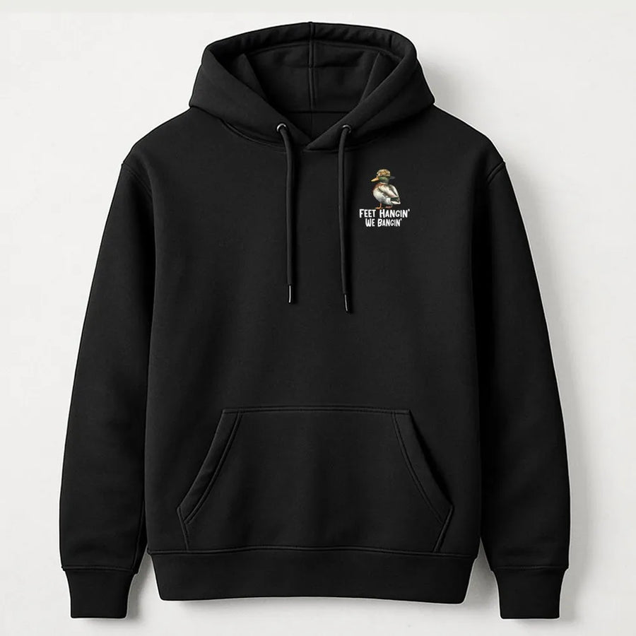 Funny Duck Hunting Hoodie | 'Feet Hangin We Bangin' Graphic | Soft Cotton Blend Pullover | Gift for Waterfowl Hunter