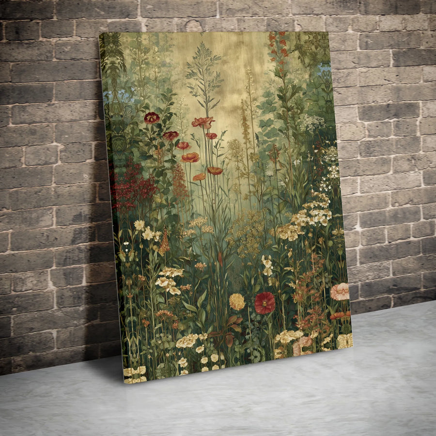 Vintage Wildflower Canvas Print | Moody Floral Meadow with Botanical Illustration | Premium Gallery Wrap Canvas | Cottagecore Home Decor Gift