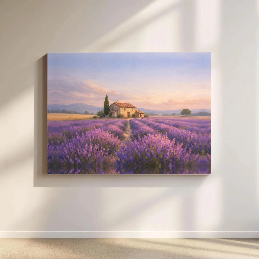 Lavender Field Canvas Art | Rustic Farmhouse at Sunset Painting | Premium Gallery Wrap Print | Gift for Living Room Home Decor
