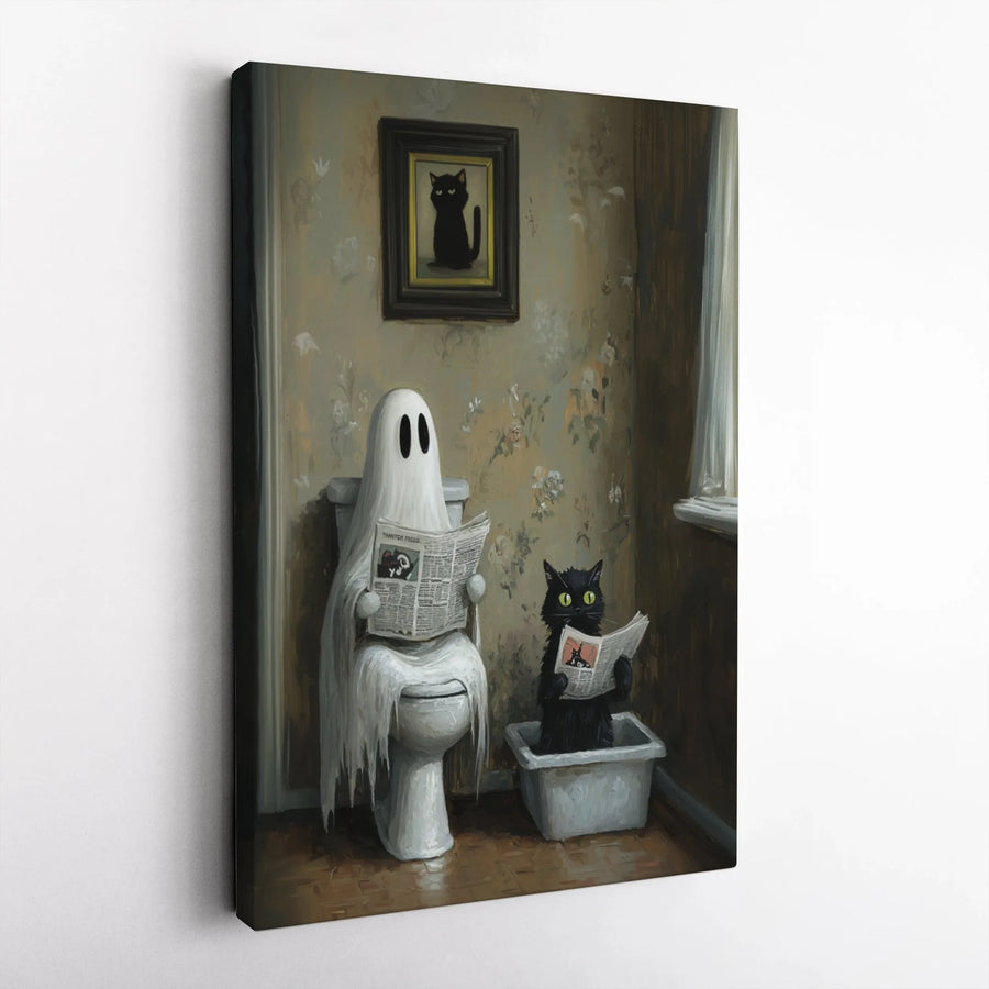 Ghost Reading Newspaper On Toilet Wall Art | Funny Black Cat Bathroom Decor | Gallery Quality Canvas Print | Unique Halloween Home Gift