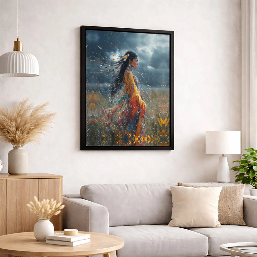 Native American Woman Wall Art | Spiritual Stormy Field Design | Gallery-Quality Canvas Print | Indigenous Culture Home Decor Gift