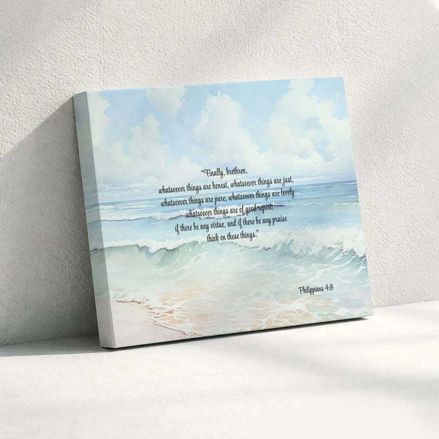 Philippians 4:8 Canvas Wall Art | Watercolor Ocean Scripture Print | Gallery-Wrapped Premium Decor | Christian Gift for Home & Office