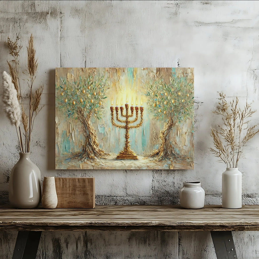 Menorah Canvas Wall Art | Golden Olive Tree Impasto Print | Gallery Wrapped 1.25" Frame | Jewish Home Decor Gift for Hanukkah