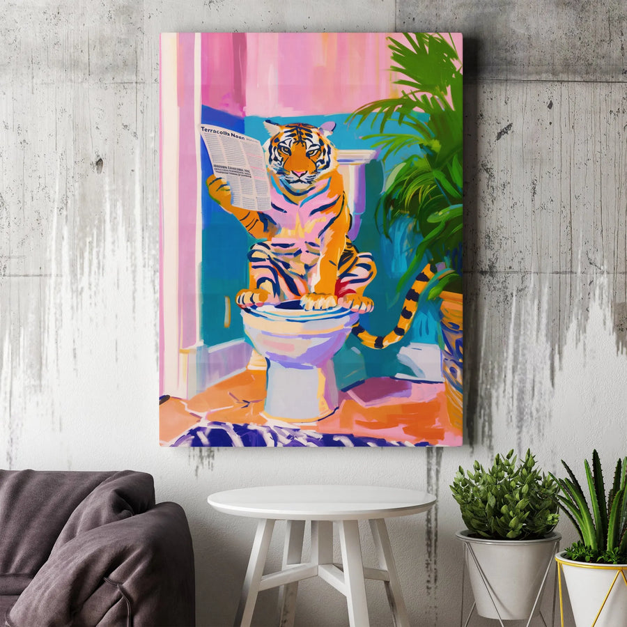 Tiger on Toilet Canvas Print | Funny Animal Reading Newspaper Art | Premium Gallery Wrapped Canvas | Unique Housewarming Gift for Bathroom