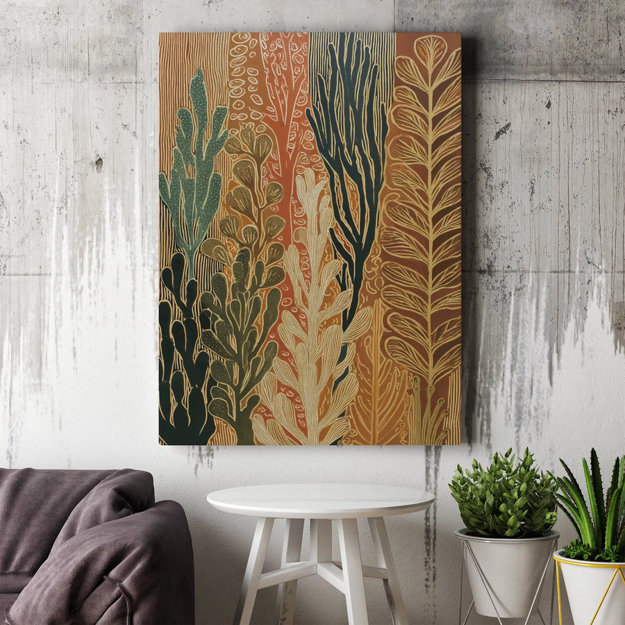 Abstract Botanical Vertical Canvas | Modern Linocut Style Plant Art | Premium Gallery Wrapped Wall Decor | Bohemian Home Decor Gift for Living Room
