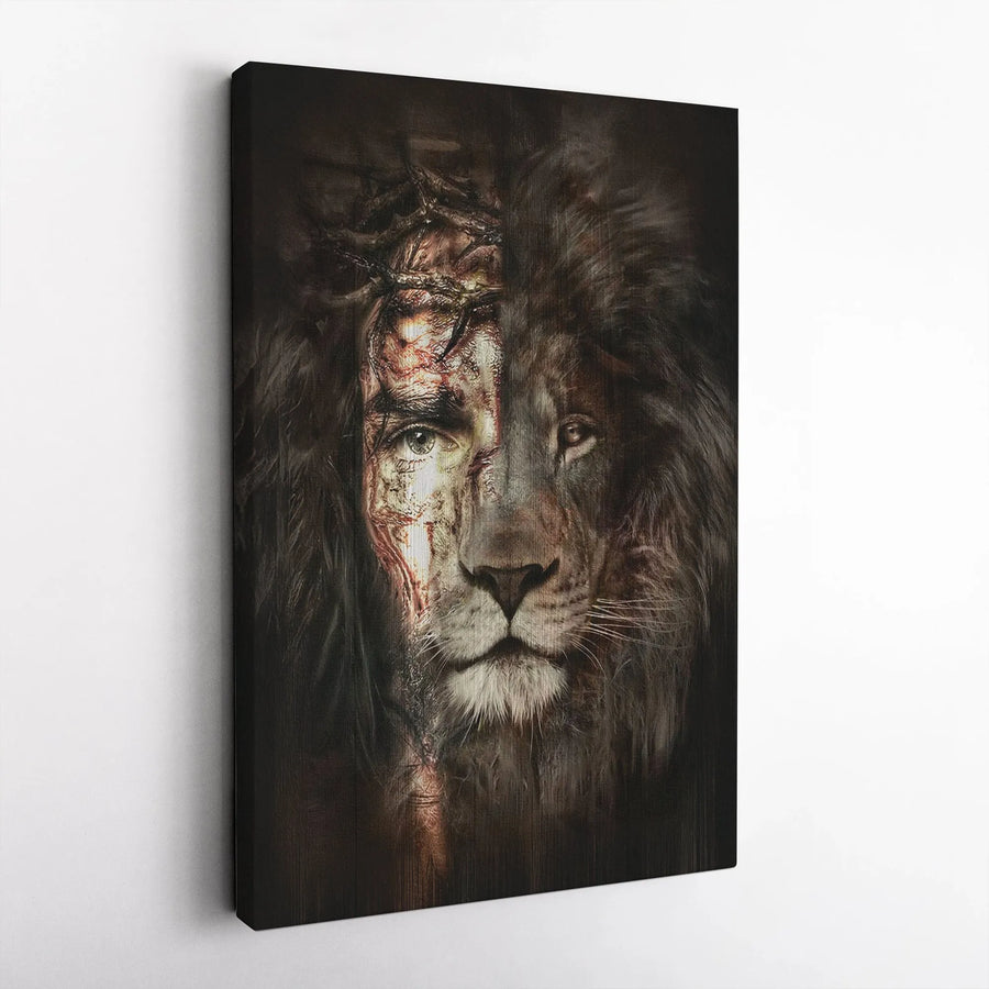 Jesus and Lion of Judah Canvas Art | Dual Face Crown of Thorns Portrait | Premium Gallery Wrap Wall Decor | Christian Religious Home Gift