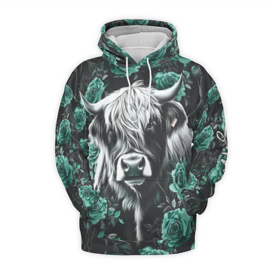 Highland Cow Hoodie | Teal Rose Floral 3D Print | Premium Brushed Fleece Lining | Gift For Farmhouse Decor Lovers & Country Style Fans