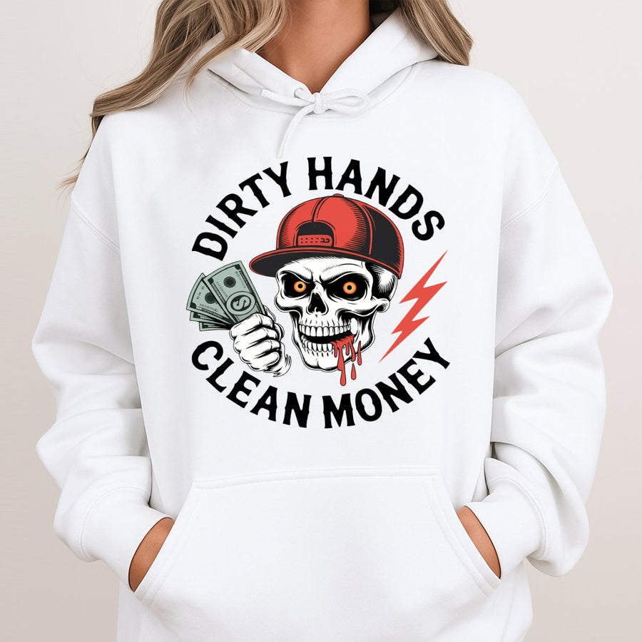 Dirty Hands Clean Money Hoodie | Skull Graphic Workwear Design | Premium Cotton-Poly Blend | Gift For Mechanics And Blue Collar Workers