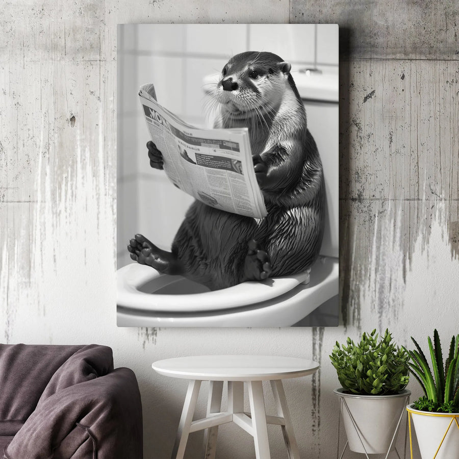 Funny Otter Reading Newspaper On Toilet Canvas | Quirky Bathroom Wall Art | Premium Fade-Resistant Gallery Wrap | Unique Home Decor Gift