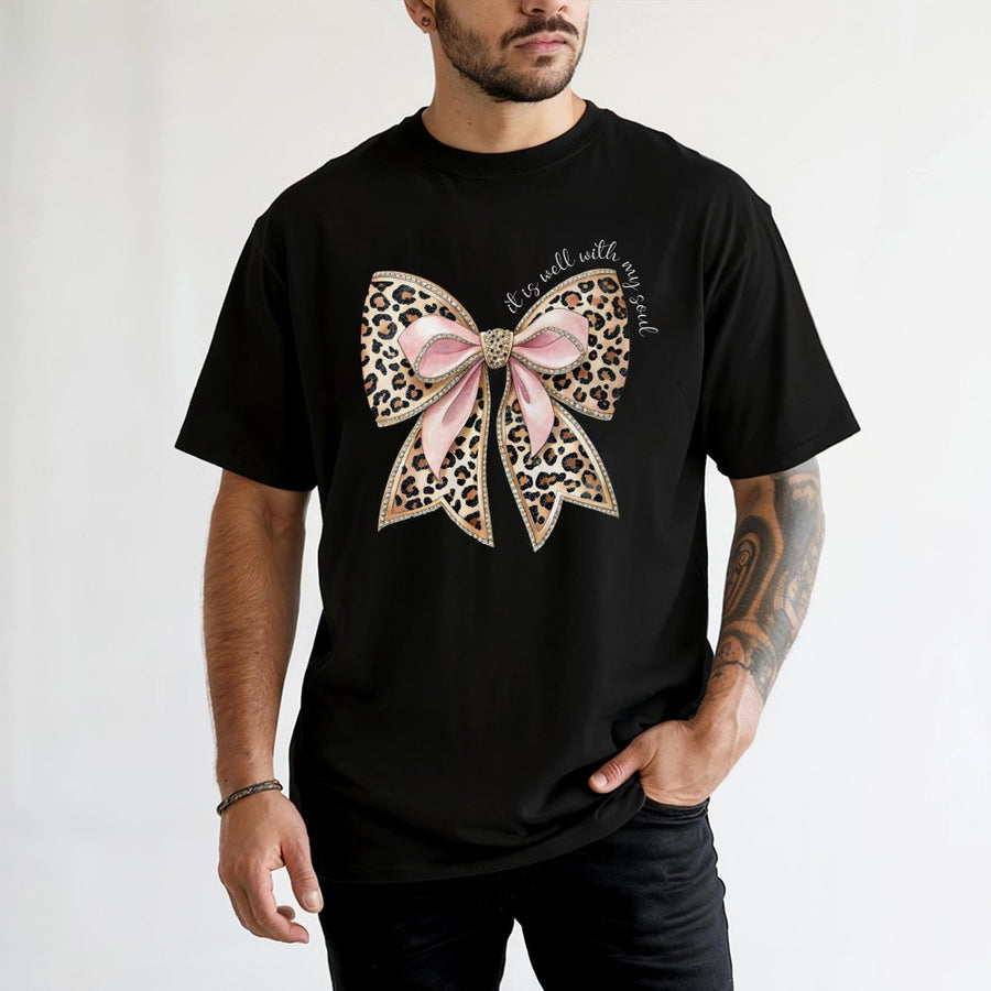 It Is Well With My Soul T-Shirt | Leopard Print Pink Coquette Bow Graphic | Premium 100% Cotton | Christian Faith Gift for Women