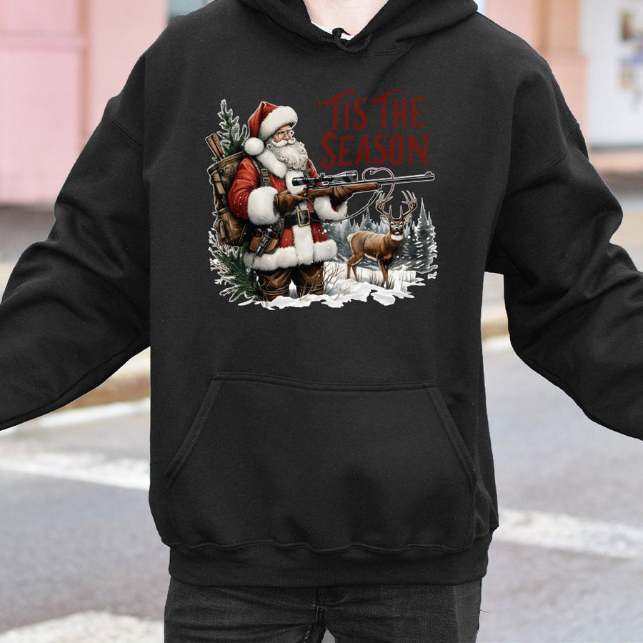 Tis The Season Santa Hunting Hoodie | Funny Deer Rifle Graphic | Premium Cotton Blend | Christmas Gift For Hunters