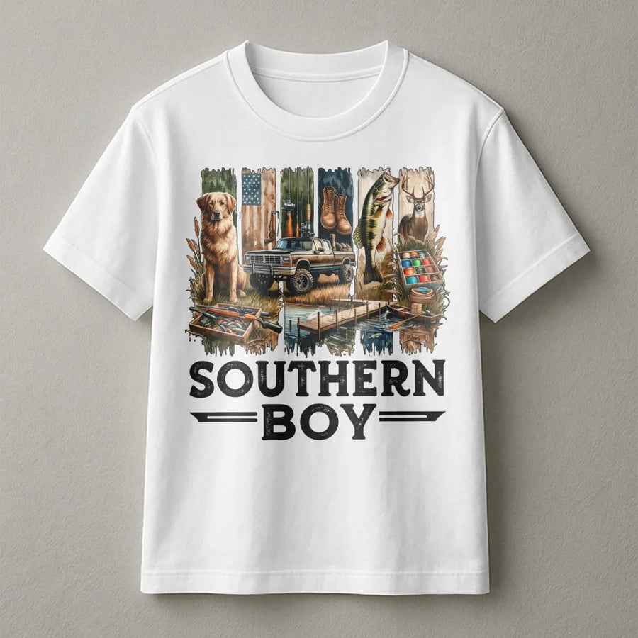 Southern Boy T-Shirt | Outdoor Country Life Graphic with Truck, Dog, and Fishing | Premium Cotton Tee | Gift for Country Boys and Men