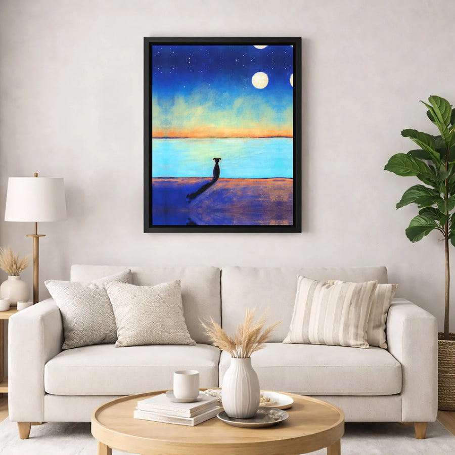 Abstract Dog Canvas Print | Night Sky Moon Over Sea Wall Art | Premium 1.25 Inch Gallery Wrap | Gift For Dog Lovers & Modern Home Decor