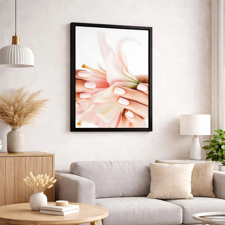 Pink Lily Flower Canvas Wall Art | Floral Hands Manicure Aesthetic | Premium Gallery-Wrap Decor | Elegant Bedroom & Salon Wall Decor