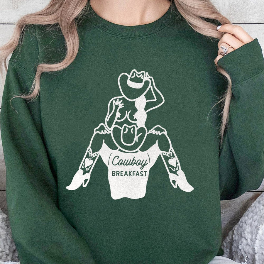 Cowboy Breakfast Sweatshirt | Western Cowgirl Pinup Graphic | Soft Cotton Blend Unisex Pullover | Funny Rodeo Gift for Her