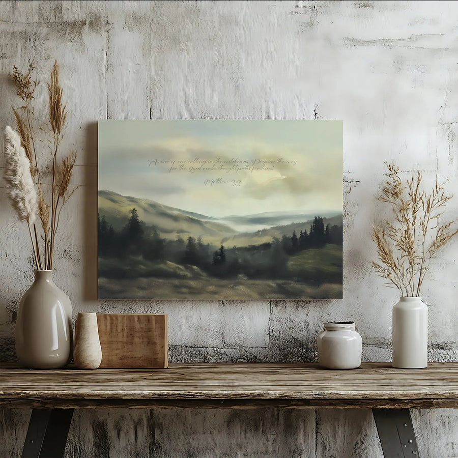 Matthew 3:3 Bible Verse Wall Art | Misty Landscape Forest Canvas | Premium Gallery Wrap Decor | Christian Gift for Home or Office