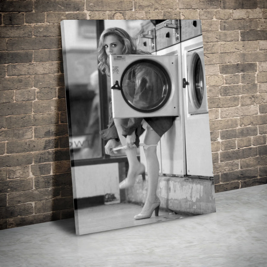 Retro Pin-Up Girl Canvas Print | Black and White Laundromat Photography | Premium Gallery Wrapped Wall Art | Modern Man Cave & Garage Decor Gift