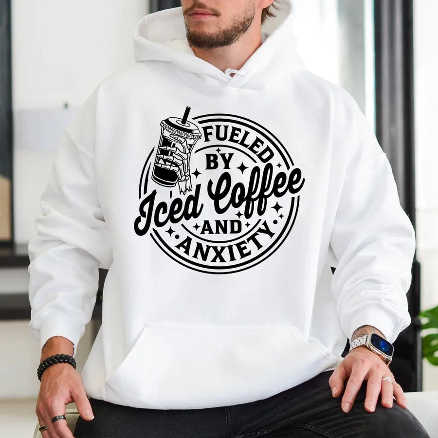 Fueled By Iced Coffee And Anxiety Hoodie | Funny Mental Health Humor Graphic Tee | Premium Comfort Colors® Cotton | Sarcastic Gift for Her