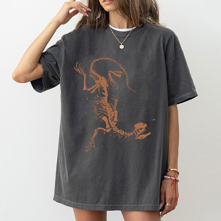 Dinosaur Skeleton Graphic T-Shirt | Distressed Fossil Illustration | Premium Soft Cotton | Paleontology Gift for Science Lovers and Fossil Collectors