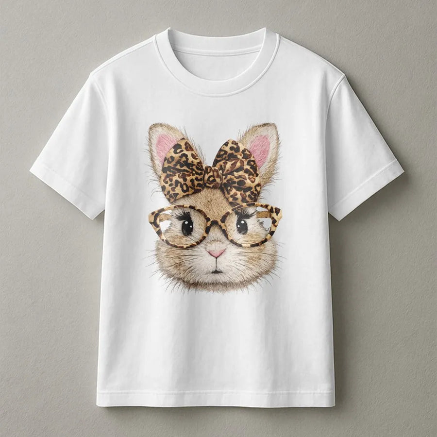 Cute Bunny Graphic T-Shirt | Leopard Print Bow and Glasses Design | Premium 100% Cotton | Easter Outfit Gift for Animal Lovers