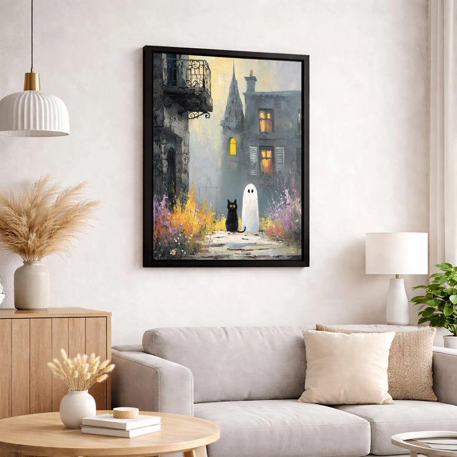 Ghost and Black Cat Canvas Art | Whimsical Spooky Town Illustration | 1.25 Inch Gallery Wrap | Halloween Home Decor Gift