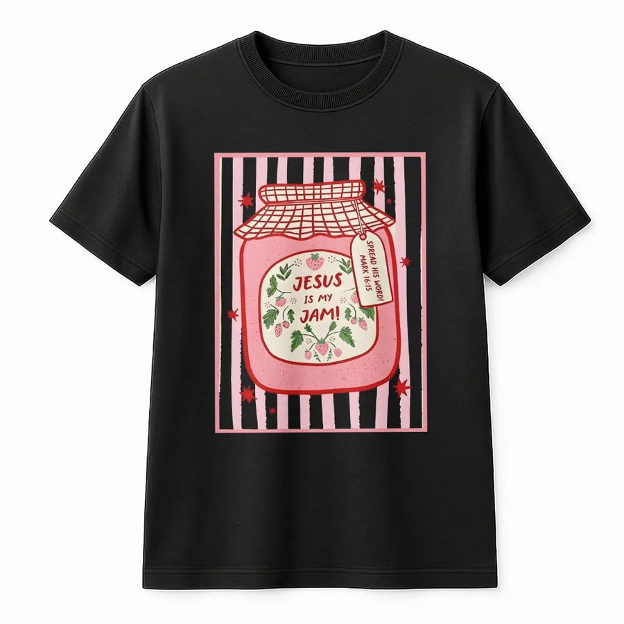 Jesus Is My Jam T-Shirt | Cute Strawberry Jam Jar Graphic | Premium Cotton-Blend Sweatshirt | Trendy Christian Faith Gift for Women