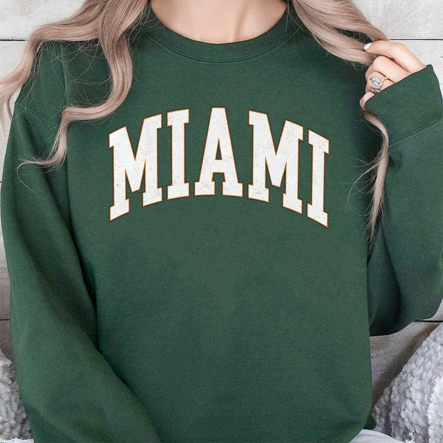 Miami Sweatshirt | Retro Collegiate Varsity Graphic | Premium Cotton Blend Crewneck | Gift for Florida Travel Lover or College Student