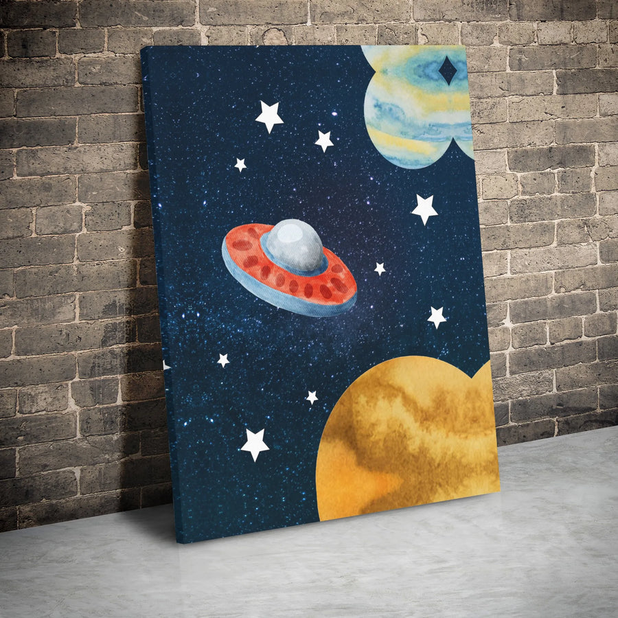 Watercolor Space Canvas Wall Art | UFO Flying Saucer Planets Print | Premium Gallery Wrap Decor | Kids Nursery & Boys Bedroom Gift