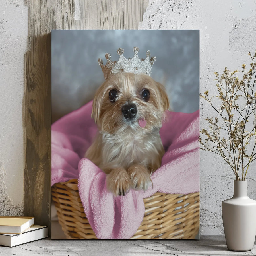 Cute Puppy In Crown Canvas Wall Art | Adorable Dog With Tiara In Basket | Premium Gallery-Wrapped Print | Gift For Dog Lovers & Pet Owners