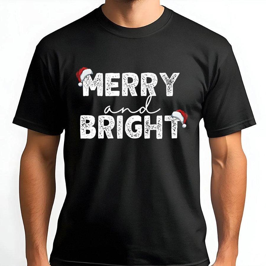 Merry And Bright Christmas T-Shirt | Distressed Santa Hat Holiday Graphic Tee | Premium 100% Cotton Apparel | Cute Matching Xmas Gift For Couples