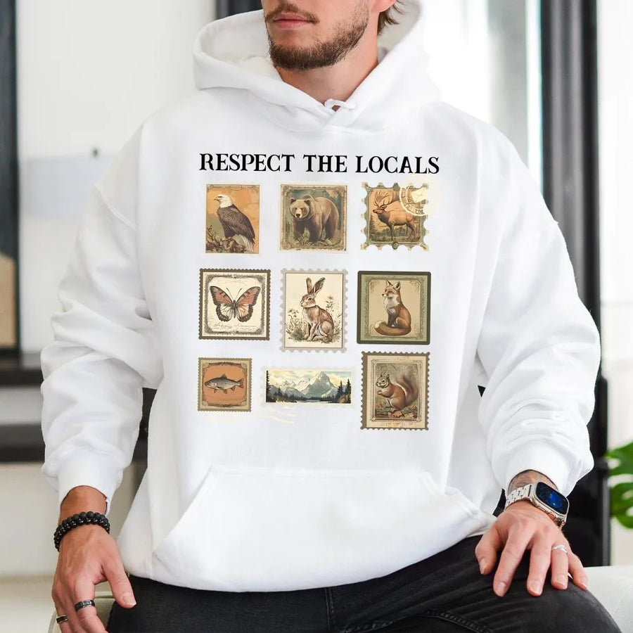 Respect The Locals Wildlife Hoodie | Vintage Postage Stamp Animal Graphic | Premium Soft Cotton | Gift for Nature Lover & National Park Hiker