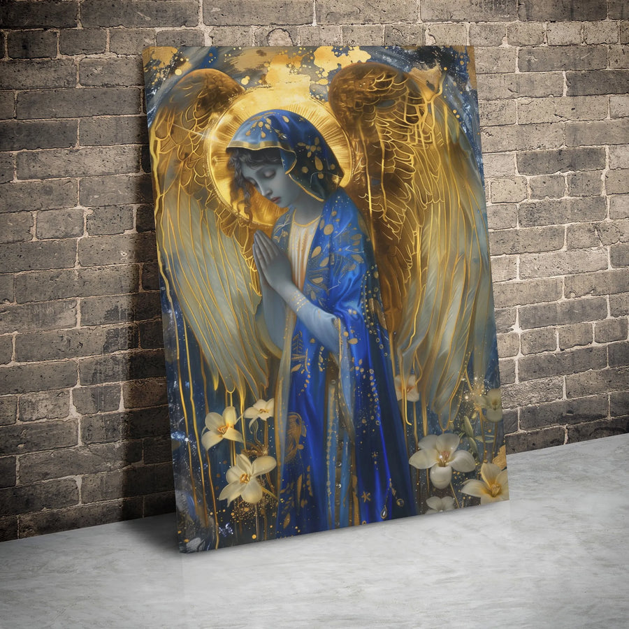 Praying Angel Canvas Wall Art | Blessed Virgin Mary Gold Halo Print | Premium 1.25" Gallery Wrap | Religious Home Decor Gift for Faithful