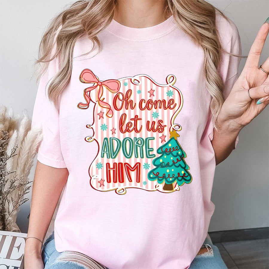 Oh Come Let Us Adore Him T-Shirt | Coquette Aesthetic Christmas Graphic Tee | Premium 100% Cotton | Religious Holiday Gift for Women
