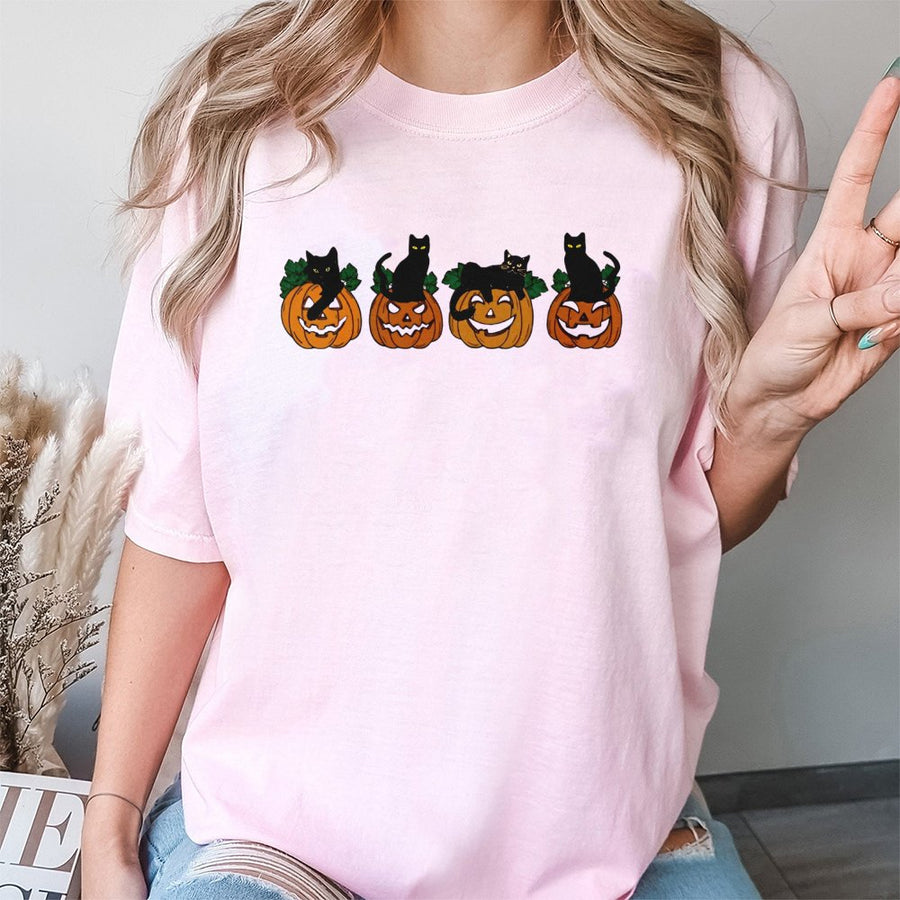 Black Cat Halloween T-Shirt | Cute Pumpkin Jack-O-Lantern Graphic | Premium Cotton Unisex Tee | Spooky Season Gift For Cat Lovers