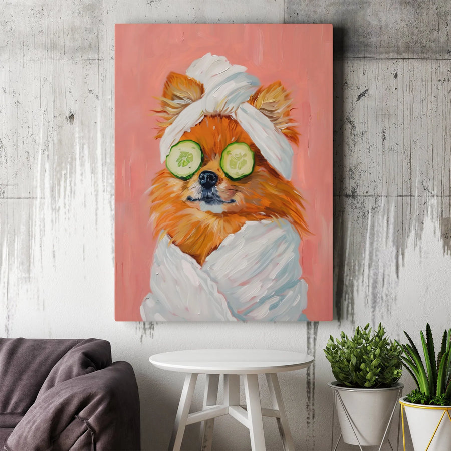 Pomeranian Spa Day Wall Art | Funny Dog in Towel & Cucumber Slices | Premium Gallery Wrap Canvas | Whimsical Pet Lover Gift