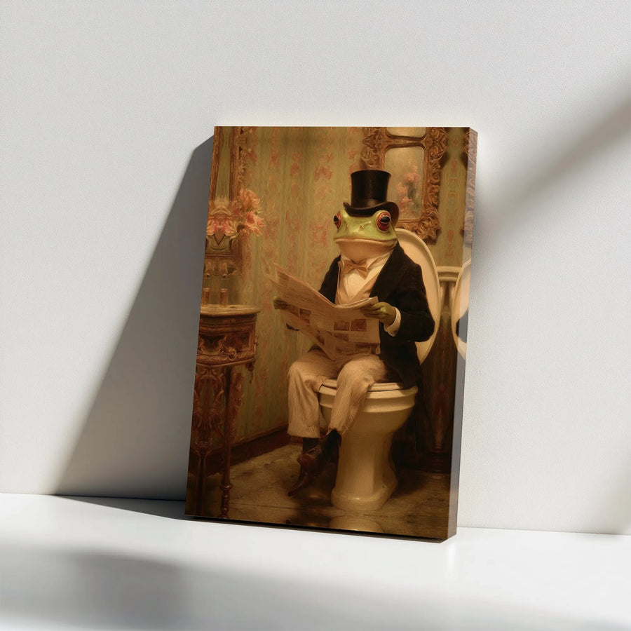 Victorian Frog Reading Newspaper Canvas | Funny Gentleman Frog Portrait | Premium Gallery Wrapped Canvas | Quirky Bathroom Decor Gift