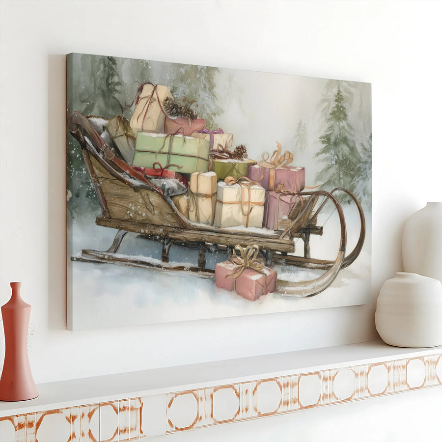 Vintage Christmas Sleigh Canvas Print | Snowy Forest Holiday Presents Illustration | 1.25-Inch Gallery Wrap | Festive Winter Home Decor Gift