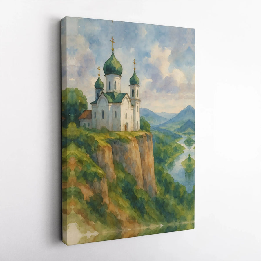 Orthodox Church Canvas Wall Art | Watercolor Landscape Painting | Premium Gallery Wrapped Canvas | Spiritual Home Decor Gift for Christian Art Lovers