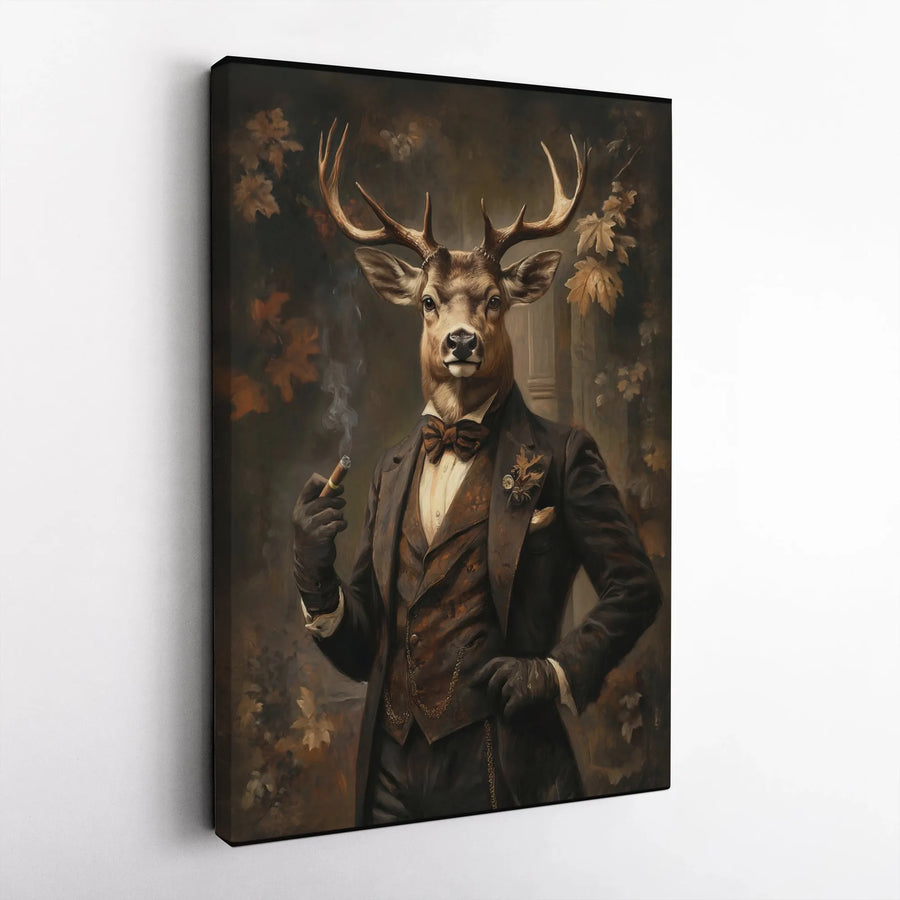 Gentleman Deer Wall Art | Anthropomorphic Stag in Suit Portrait | Premium Gallery Wrapped Canvas | Moody Home Office Decor Gift
