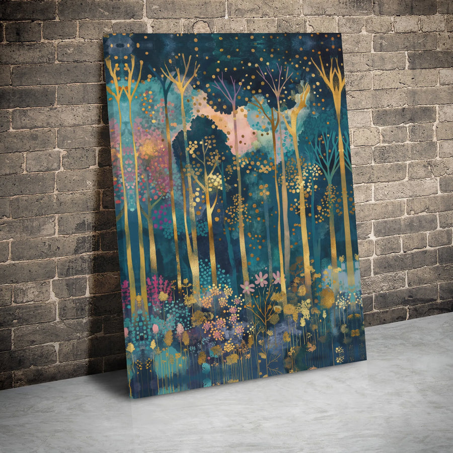 Abstract Magical Forest Canvas Wall Art | Gold Foil Effect Trees and Colorful Floral Meadow | Premium Gallery Wrapped Decor | Modern Home Gift