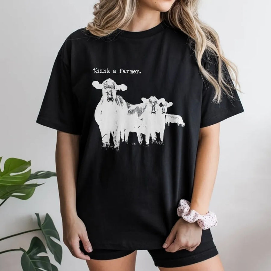 Thank A Farmer T-Shirt | Rustic Cattle Ranching Graphic | Premium Cotton Unisex Tee | Western Style Gift for Cattlemen and Farmers