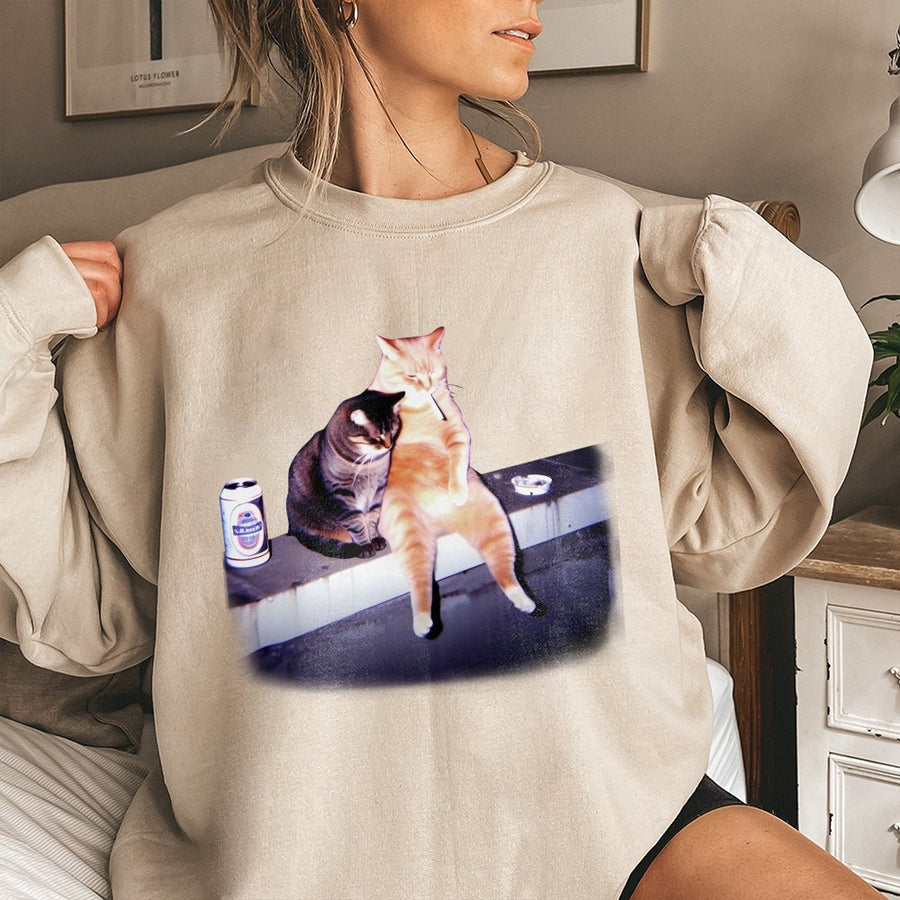 Smoking Cat Sweatshirt | Funny Retro Graphic Animal Print | Premium Cotton Blend Crewneck | Gift for Cat Lovers & Meme Enthusiasts