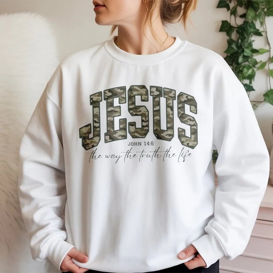 Jesus Sweatshirt | John 14:6 Bible Verse Camo Design | Premium Cotton Blend | Christian Faith Gift for Him & Her