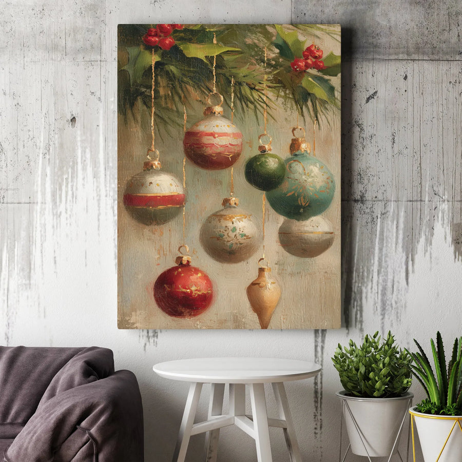 Vintage Christmas Ornament Canvas | Festive Holly Berries Painting | Gallery Wrap Wall Art | Premium Seasonal Holiday Decor Gift